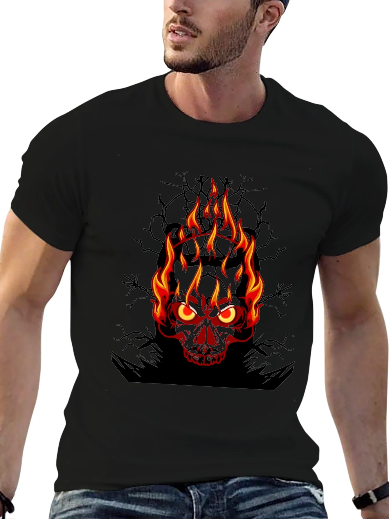 Camiseta Negra con Calavera en Llamas para Hombre