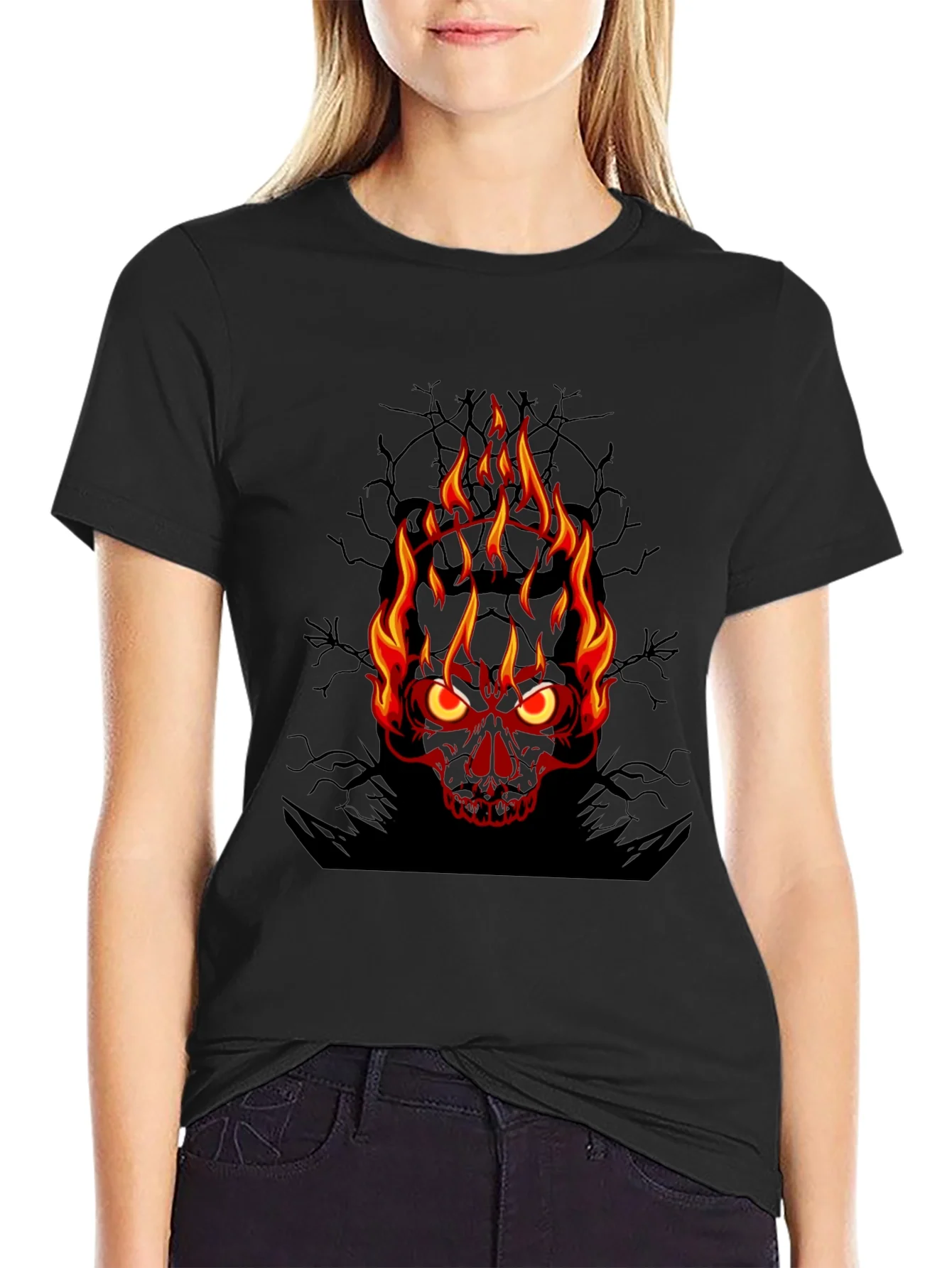 Camiseta Negra con Calavera en Llamas para Hombre