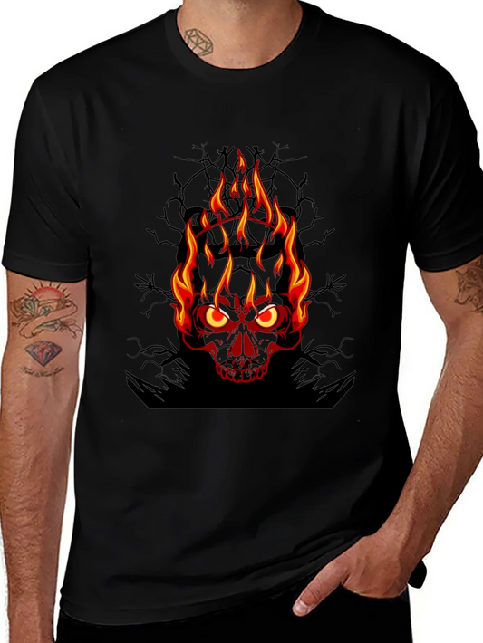 Camiseta Negra con Calavera en Llamas para Hombre