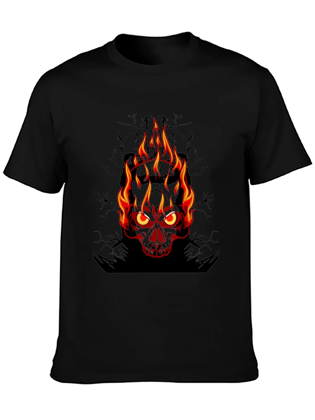 Camiseta Negra con Calavera en Llamas para Hombre