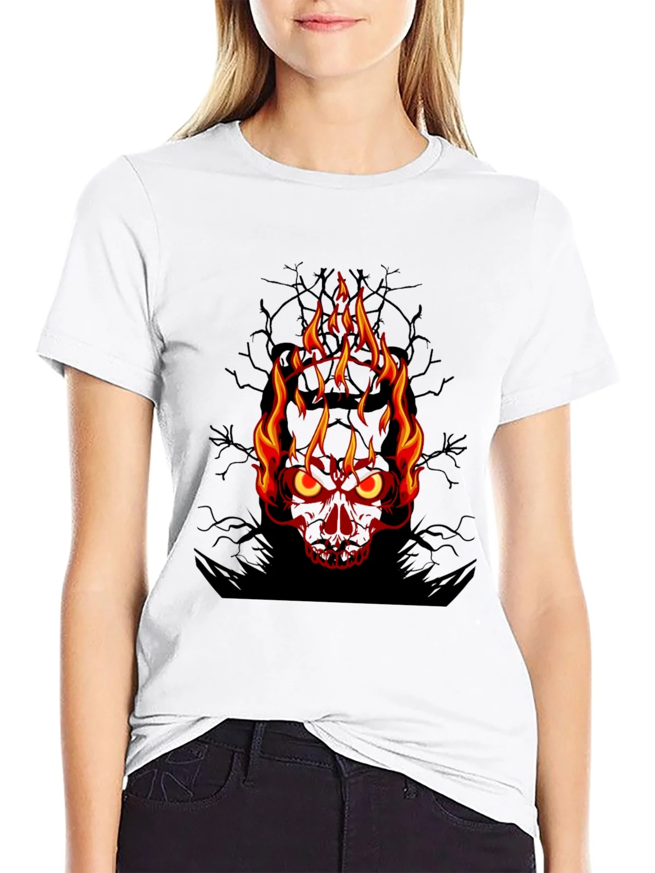 Camiseta Negra con Calavera en Llamas para Hombre