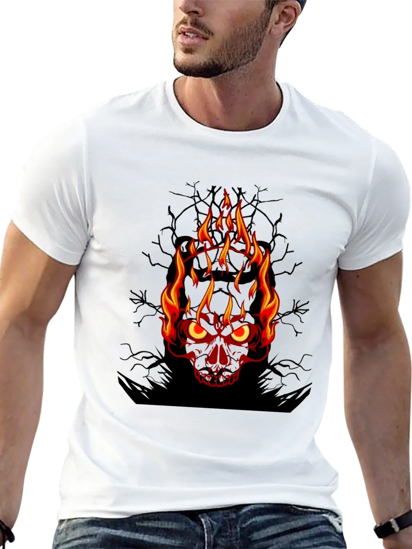 Camiseta Negra con Calavera en Llamas para Hombre