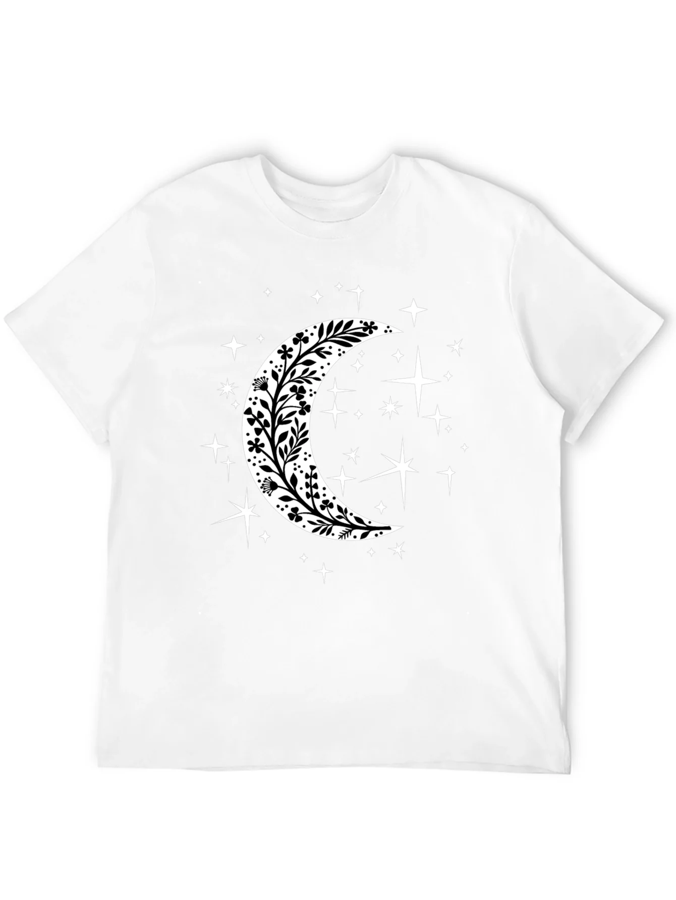 Camiseta Negra con Luna Floral y Estrellas