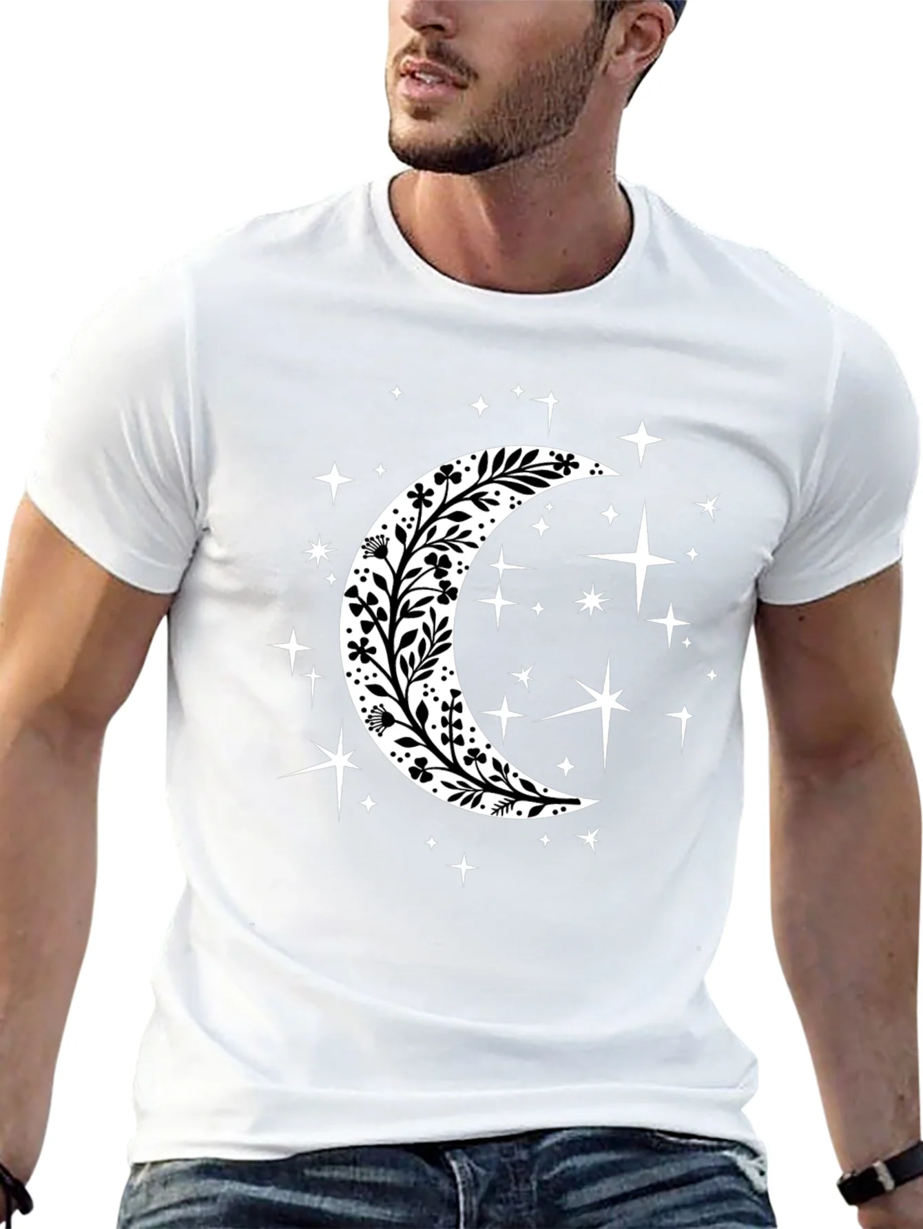 Camiseta Negra con Luna Floral y Estrellas