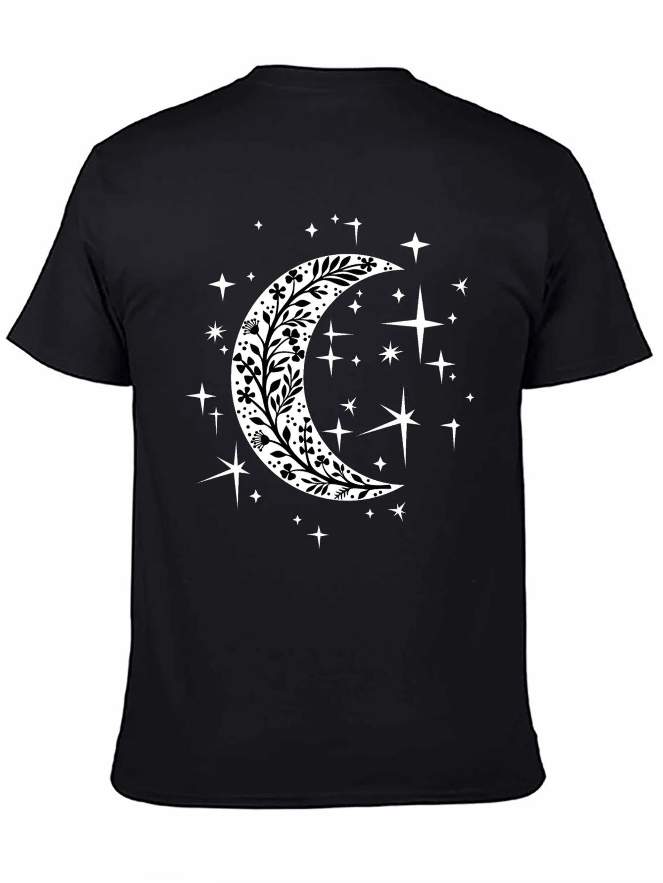 Camiseta Negra con Luna Floral y Estrellas