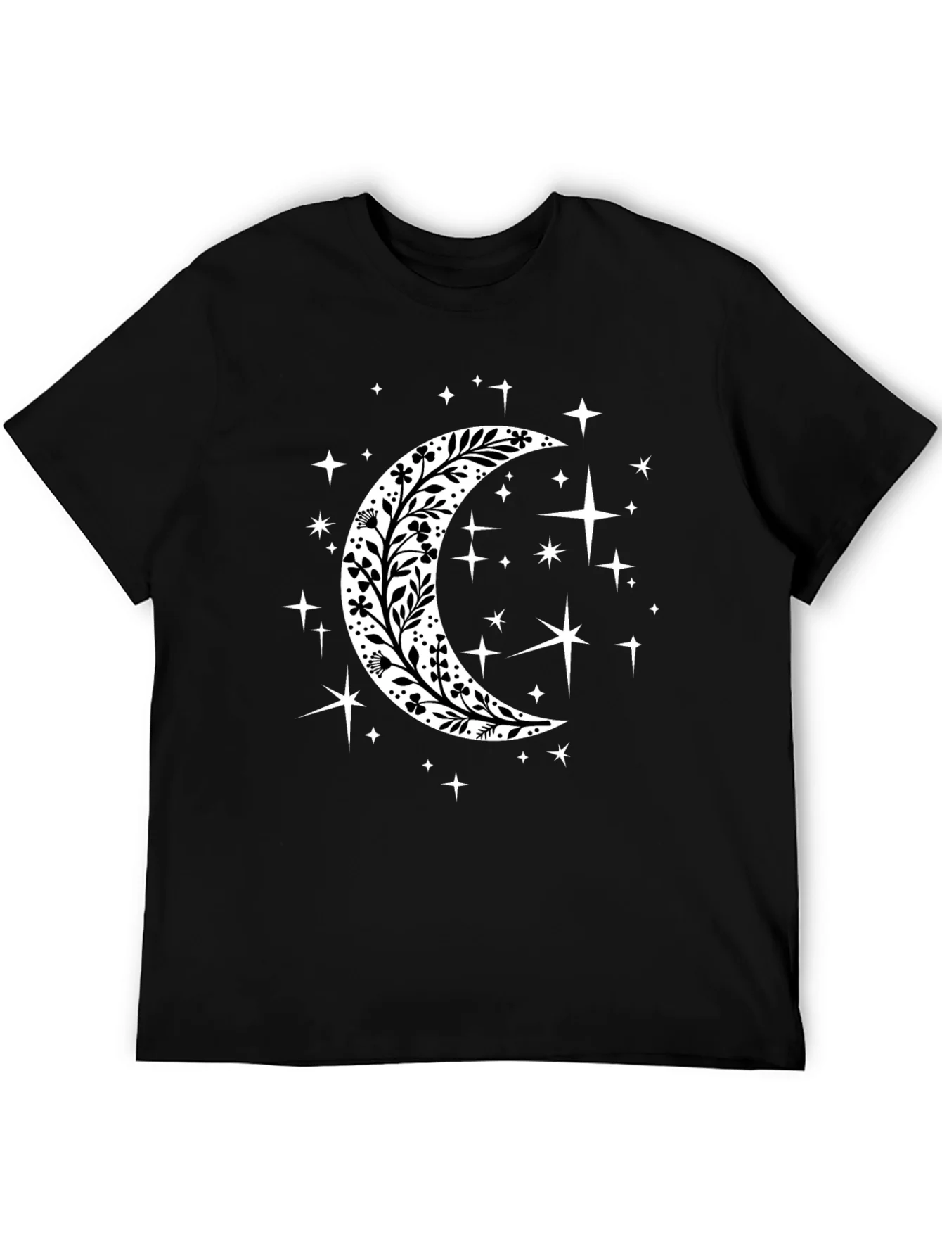 Camiseta Negra con Luna Floral y Estrellas