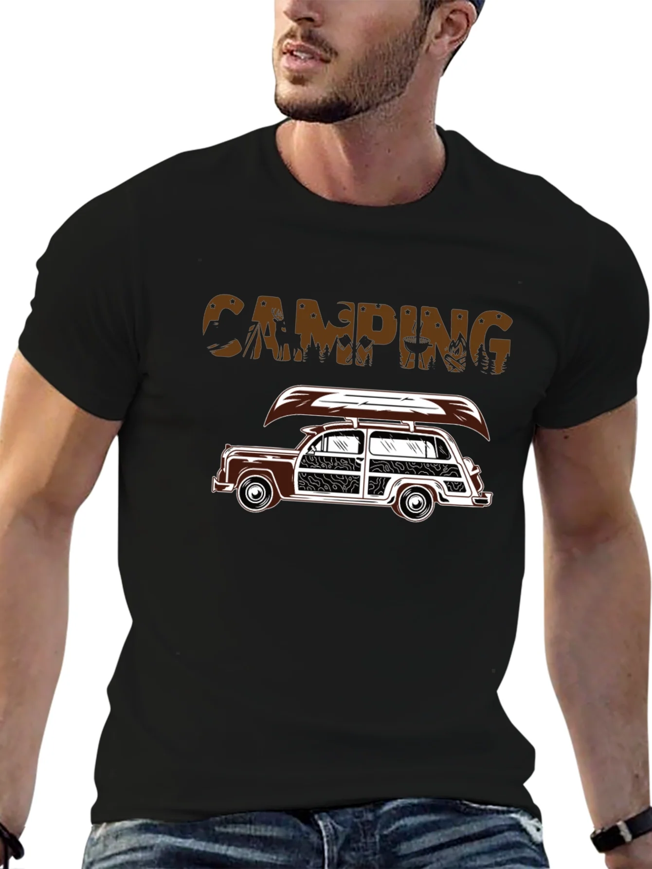 Camiseta Negra Camping Coche Cl¨¢sico
