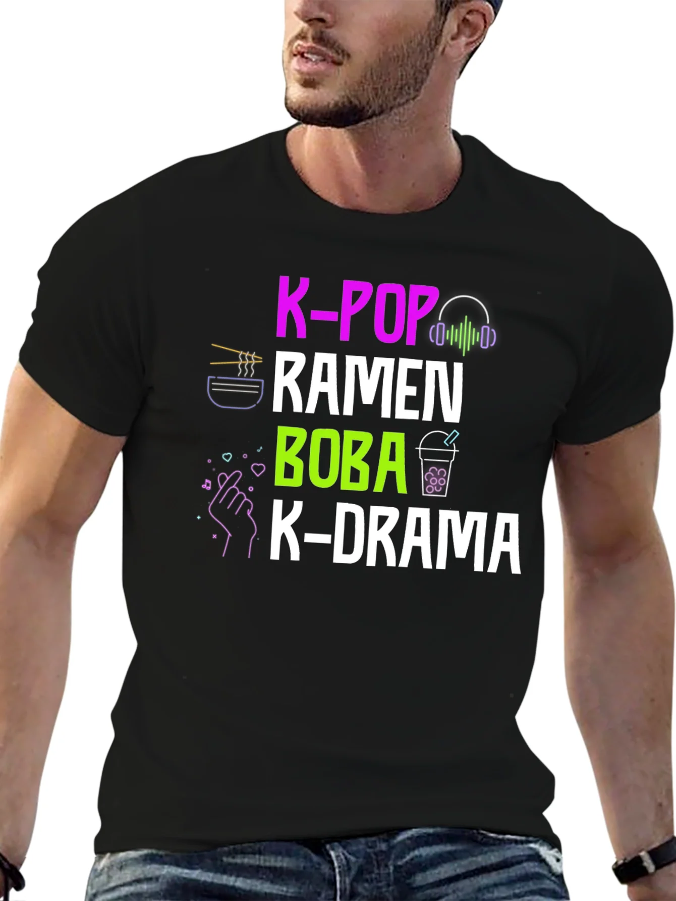 Camiseta K-Pop Ramen Boba K-Drama Negra Casual