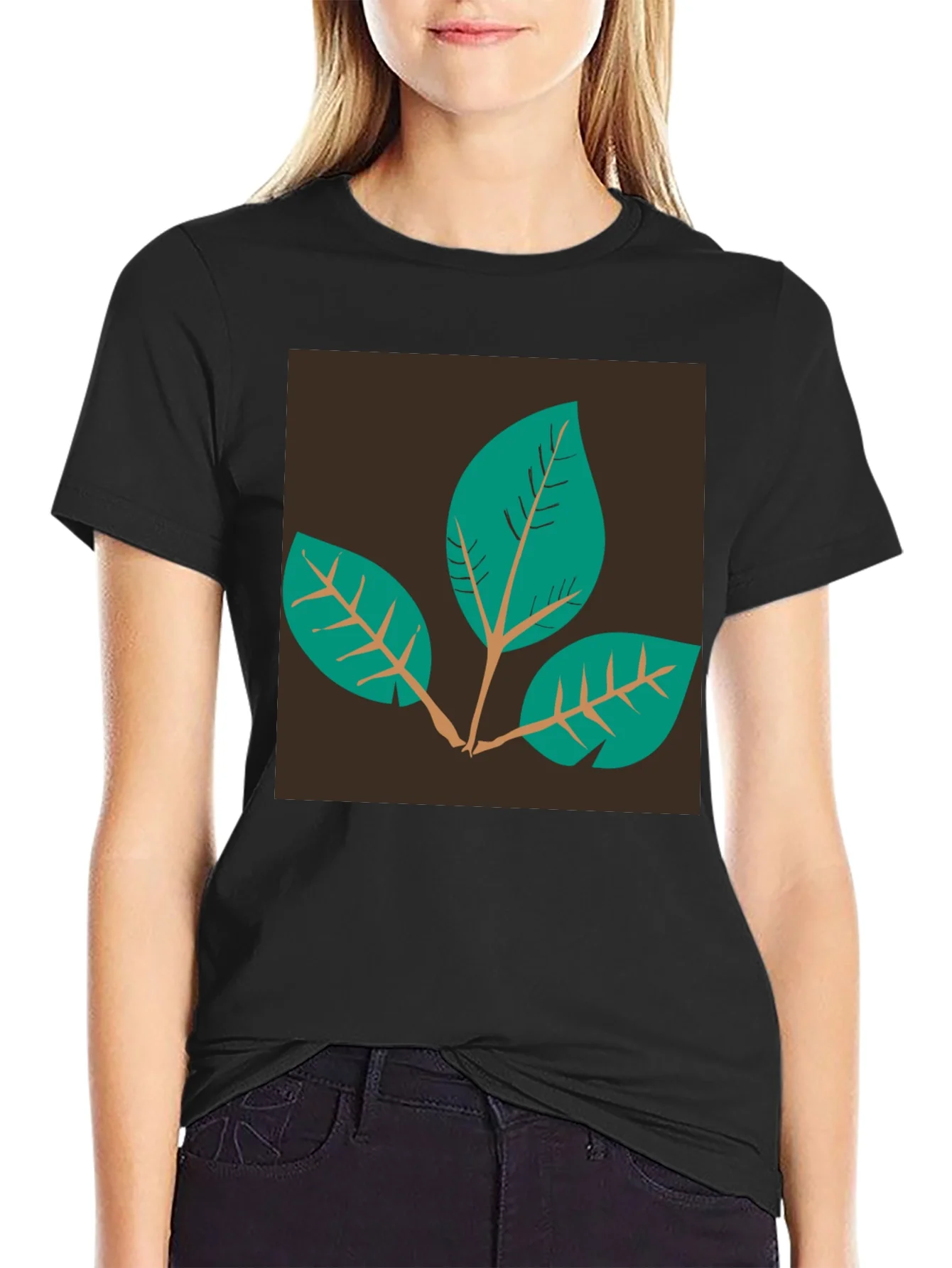 Rebbecca Leaf Motif Black T-Shirt