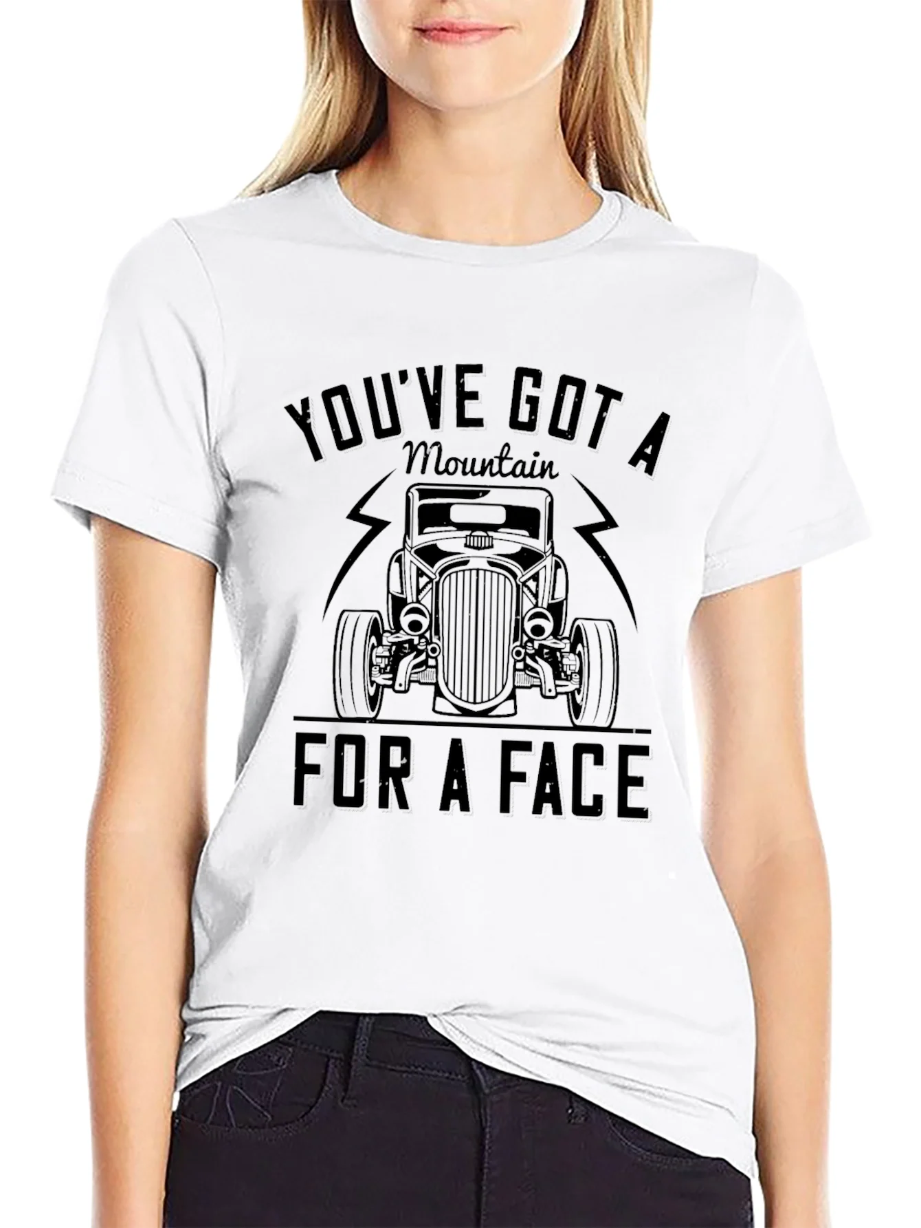 Rebbecca Mountain Face Car Graphic Black T-Shirt