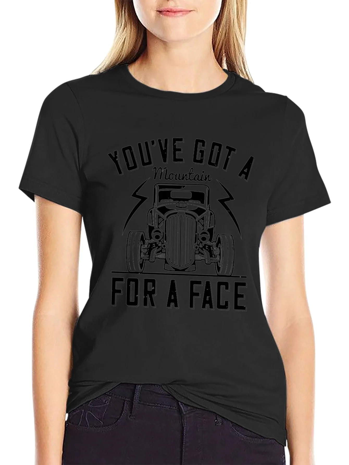 Rebbecca Mountain Face Car Graphic Black T-Shirt