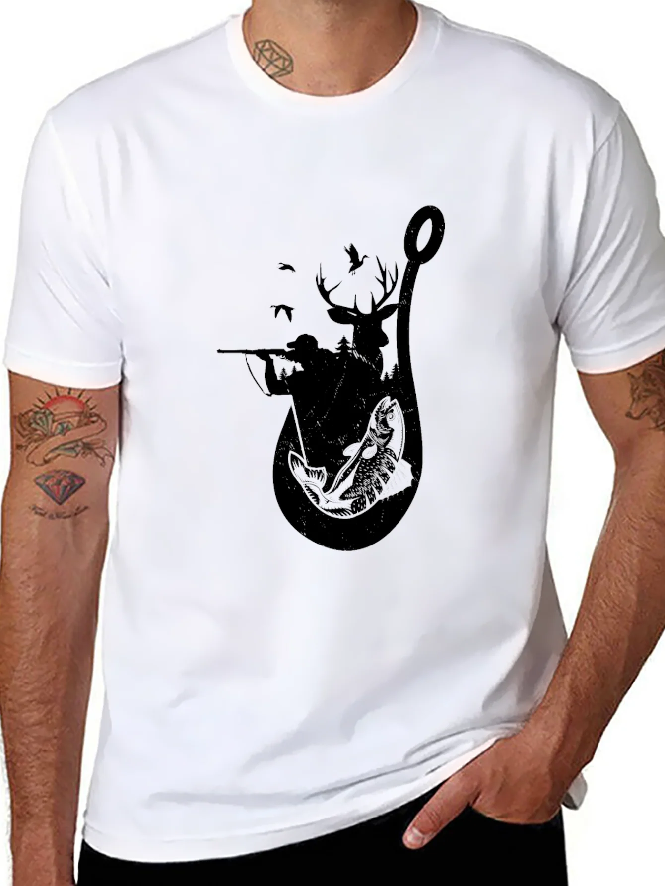 Camiseta Negra con Dise?o de Caza y Pesca