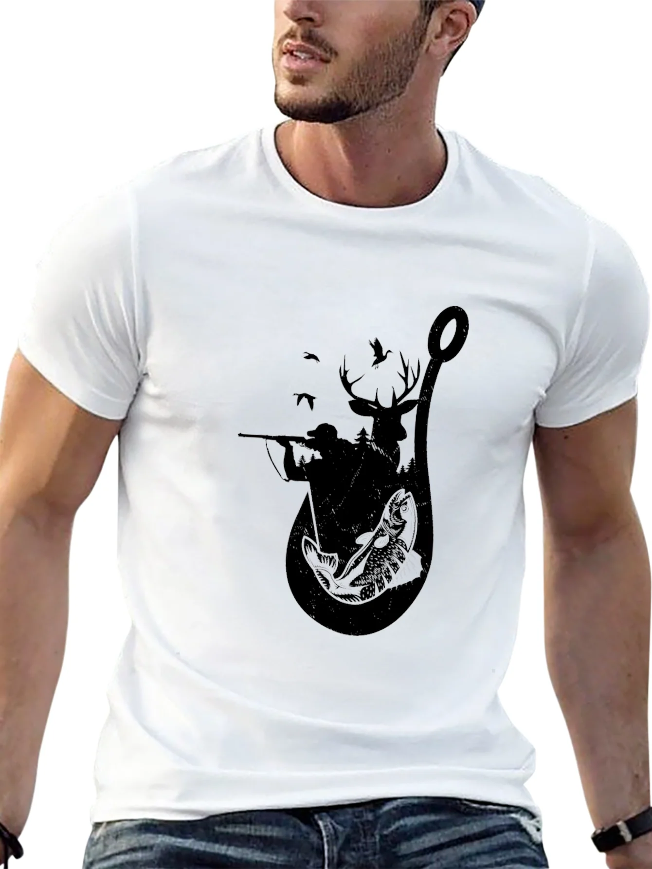 Camiseta Negra con Dise?o de Caza y Pesca