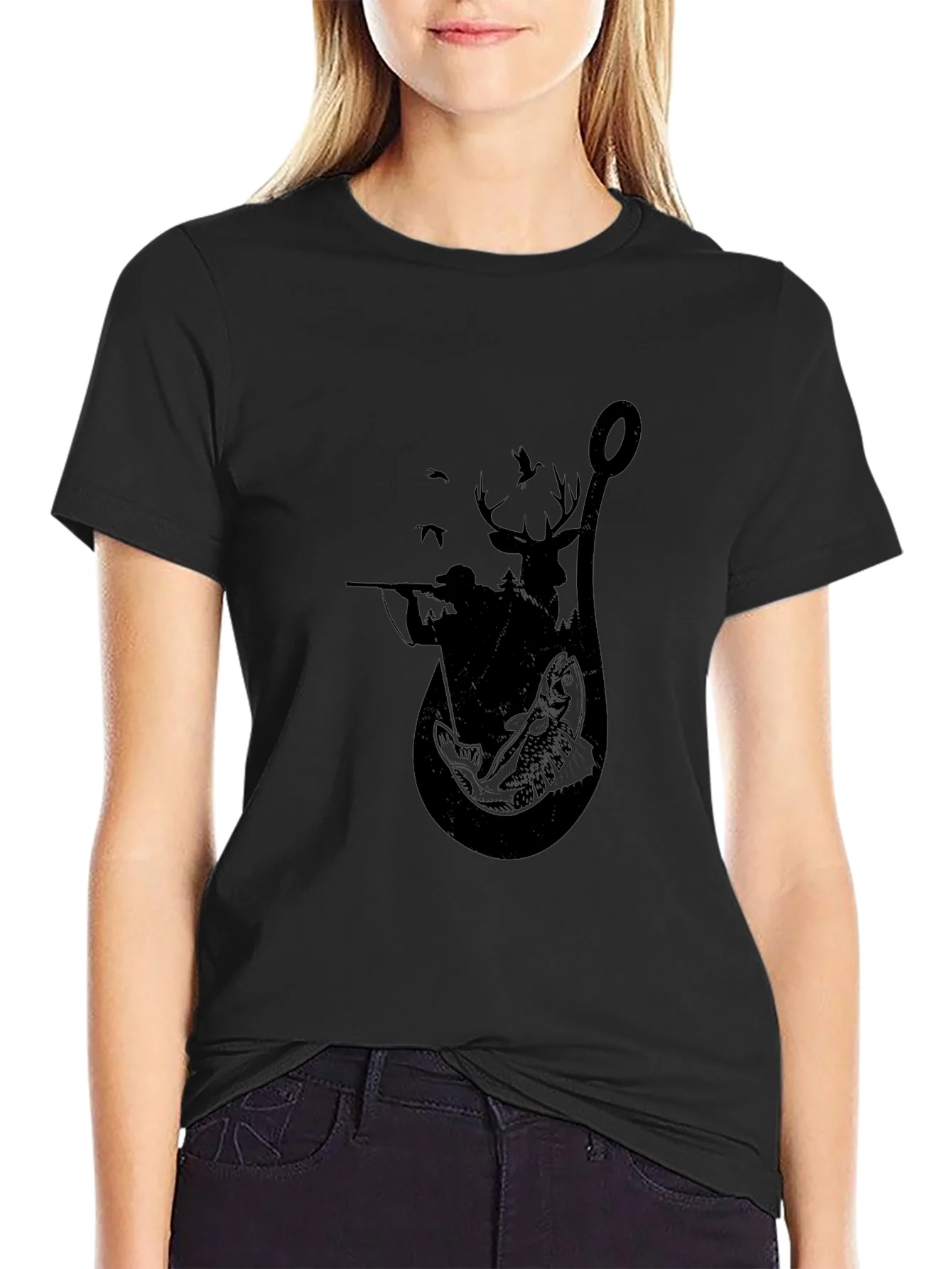 Camiseta Negra con Dise?o de Caza y Pesca