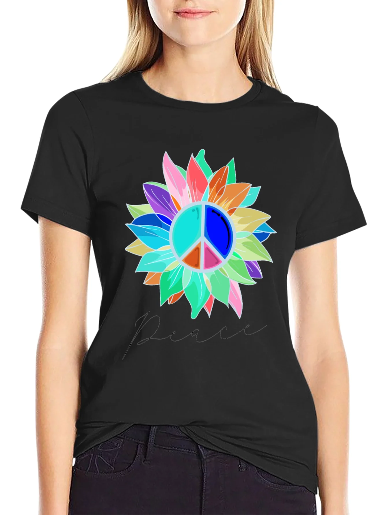 Rebbecca Peace Sign Sunflower Graphic Tee - Black