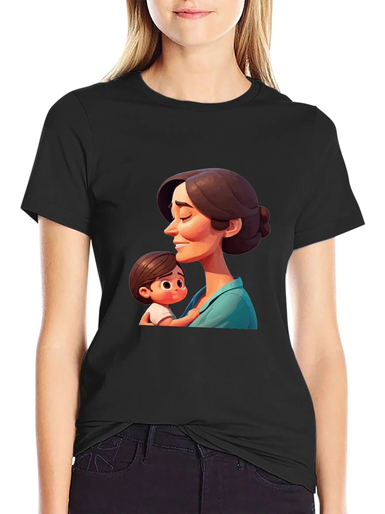 Rebbecca Stylish Black T-Shirt - Mother and Child Graphic