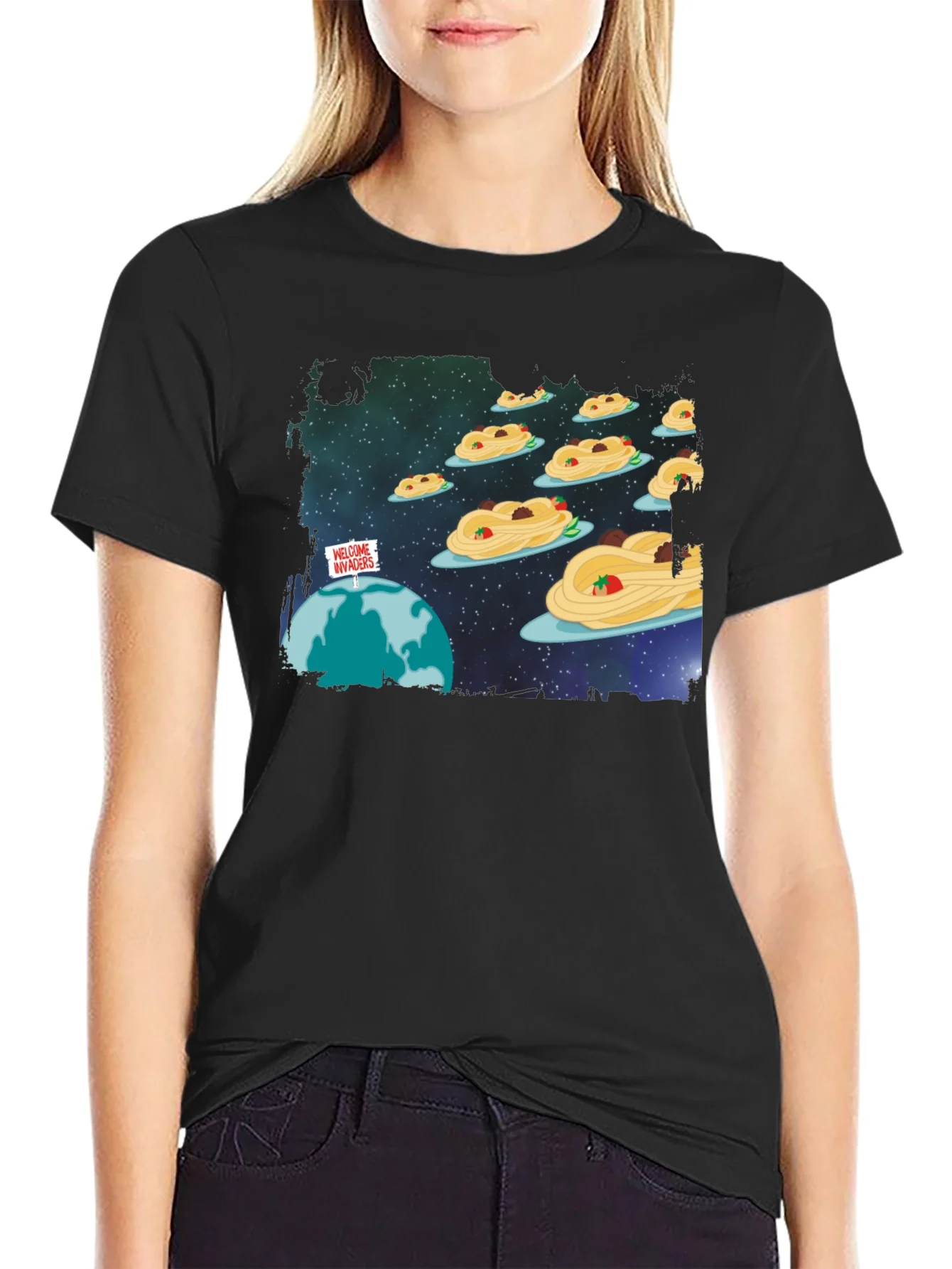 Camiseta Negra Invasion Espagueti Espacial