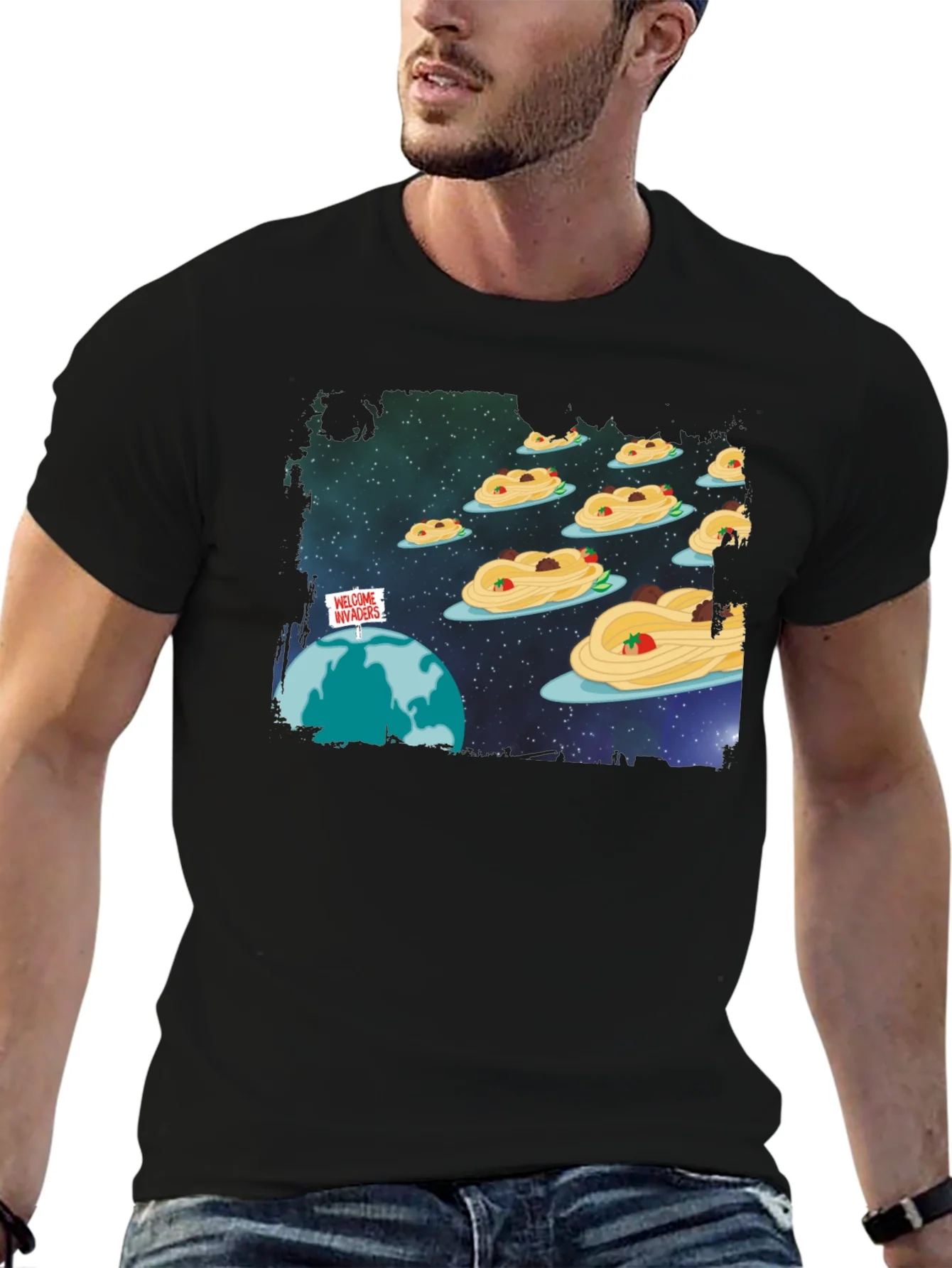 Camiseta Negra Invasion Espagueti Espacial