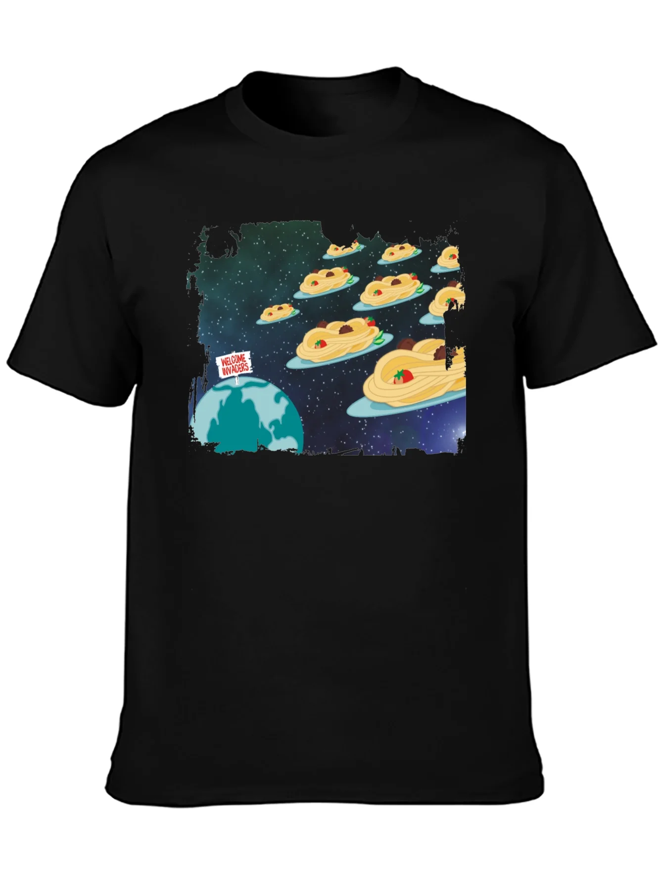 Camiseta Negra Invasion Espagueti Espacial