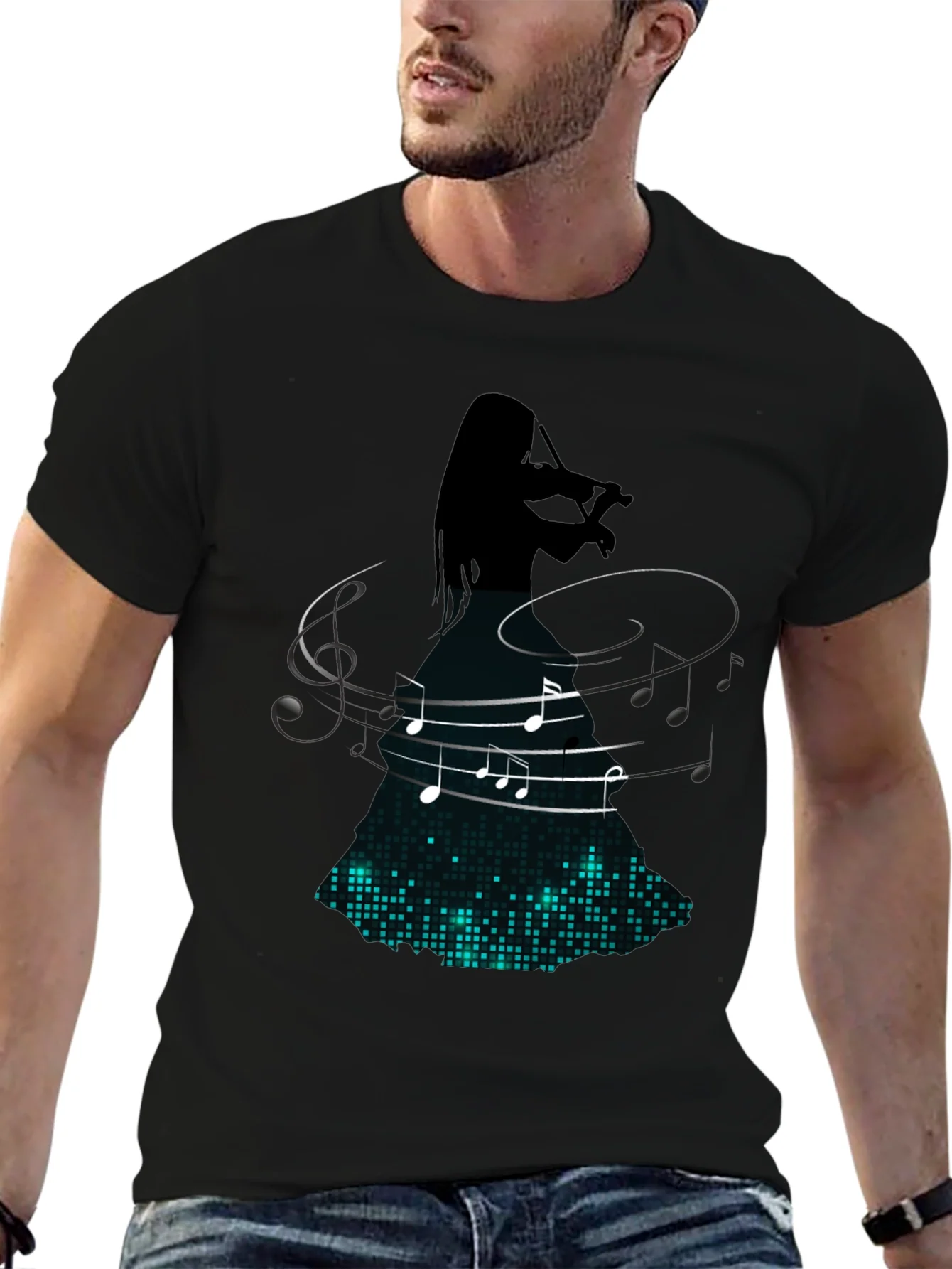 Rebbecca Violin Player Music Notes Graphic Tee - Black