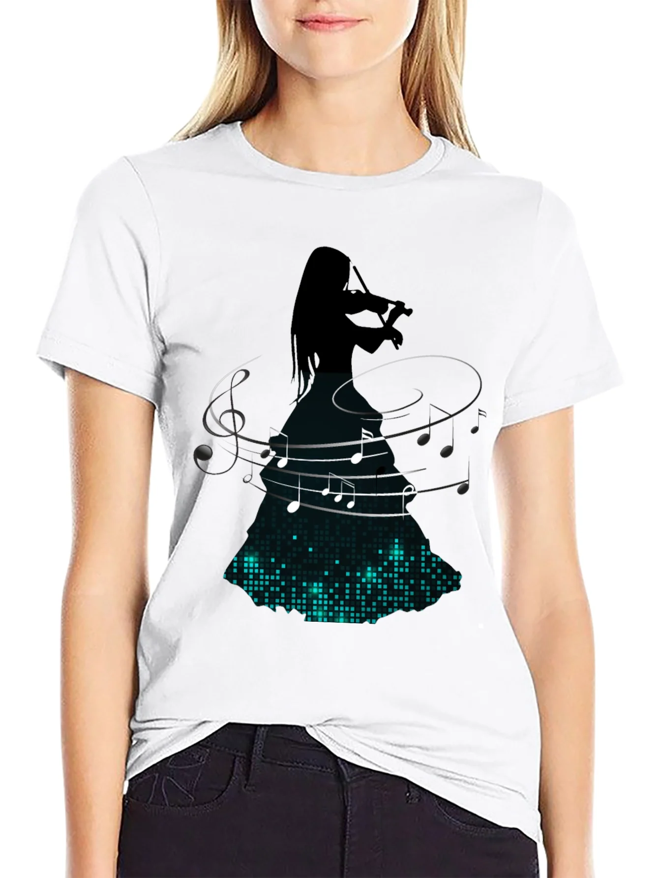 Rebbecca Violin Player Music Notes Graphic Tee - Black