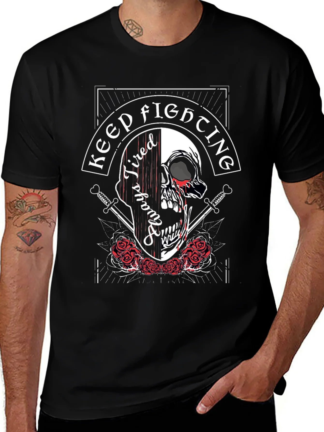Camiseta Negra con Dise?o de Calavera Keep Fighting