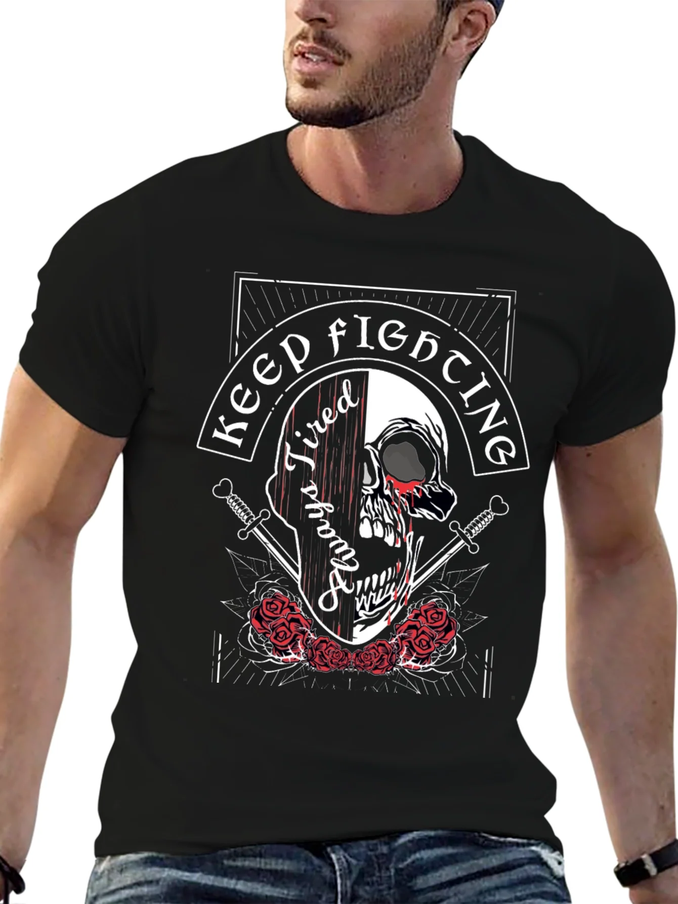 Camiseta Negra con Dise?o de Calavera Keep Fighting