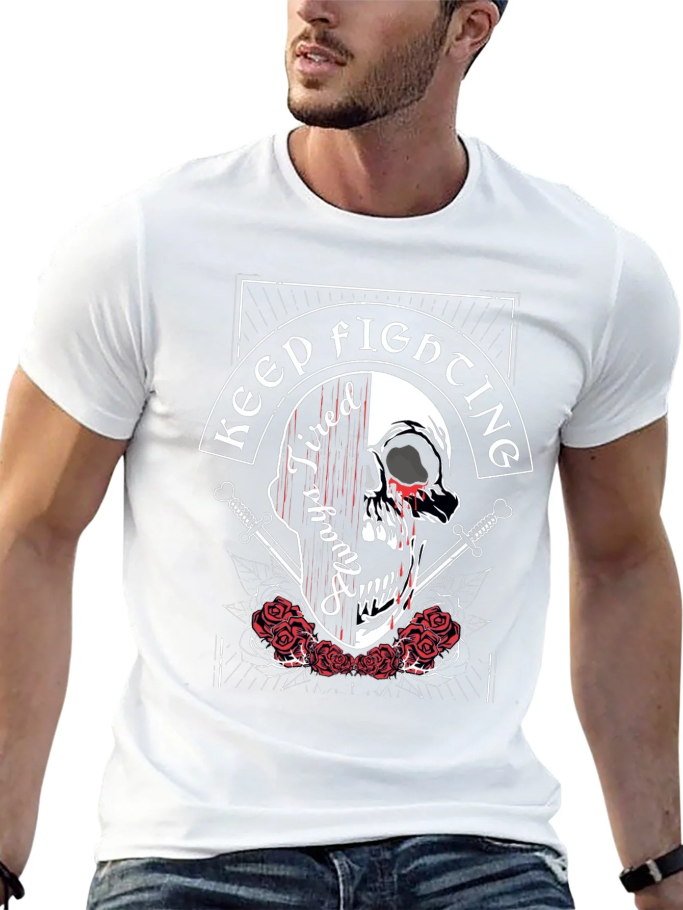 Camiseta Negra con Dise?o de Calavera Keep Fighting