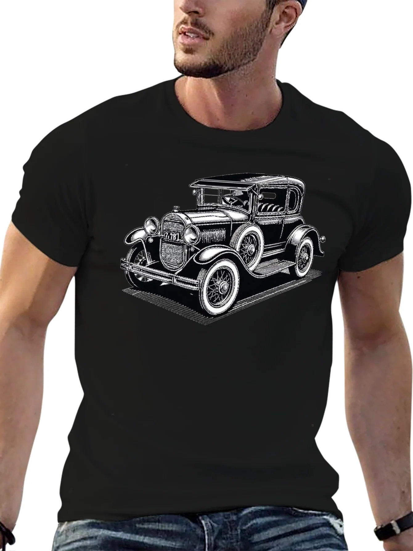 Camiseta Negra con Estampado de Coche Cl¨¢sico