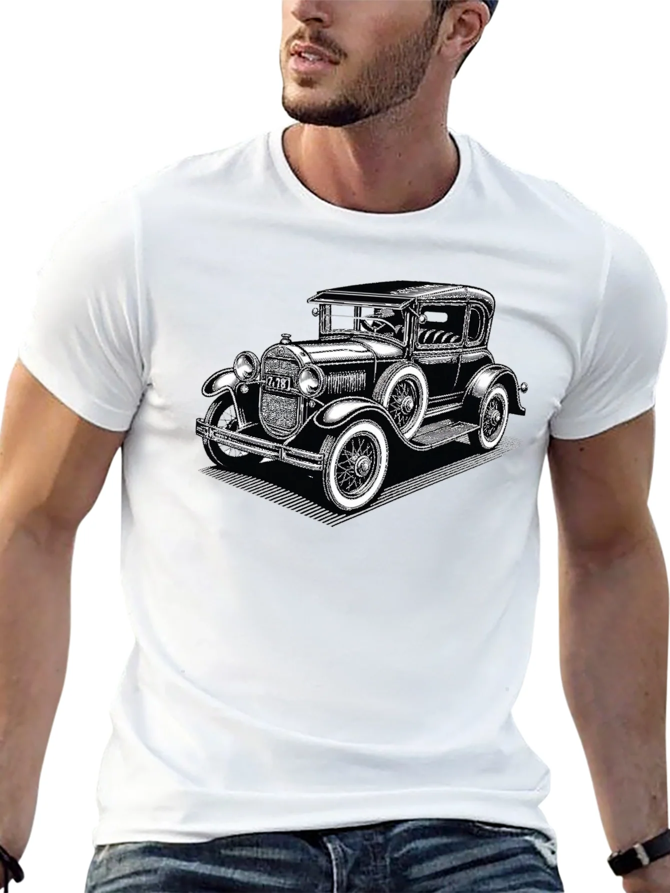 Camiseta Negra con Estampado de Coche Cl¨¢sico