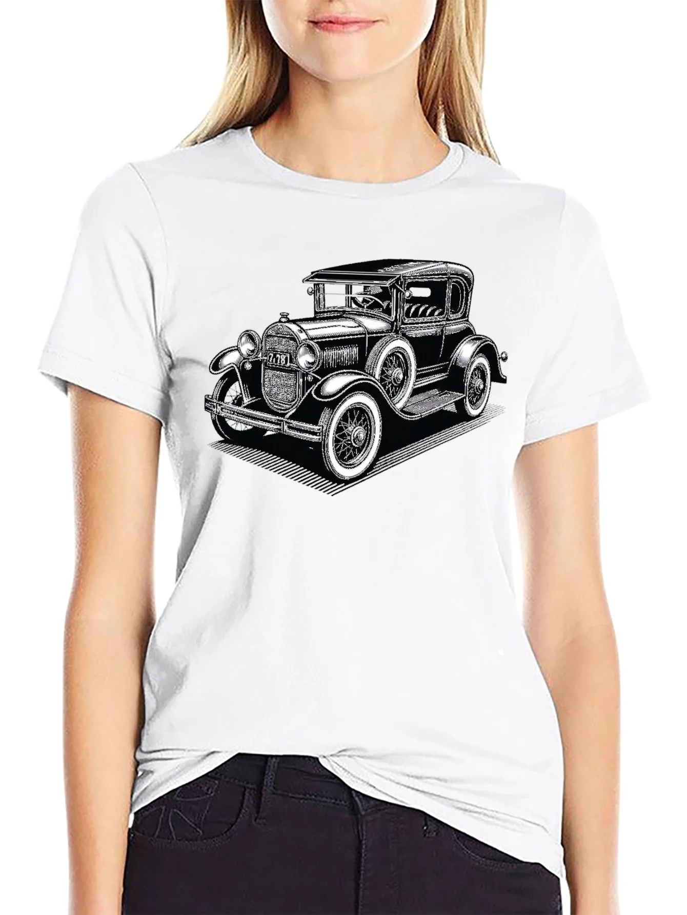 Camiseta Negra con Estampado de Coche Cl¨¢sico