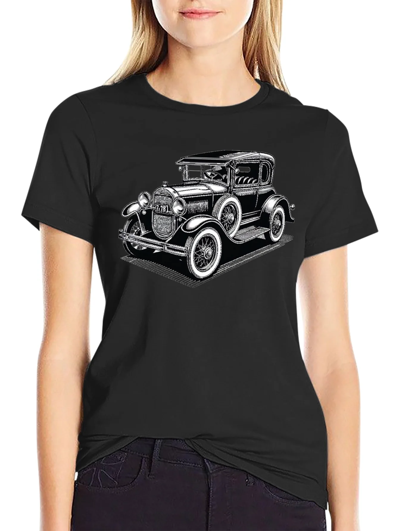 Camiseta Negra con Estampado de Coche Cl¨¢sico