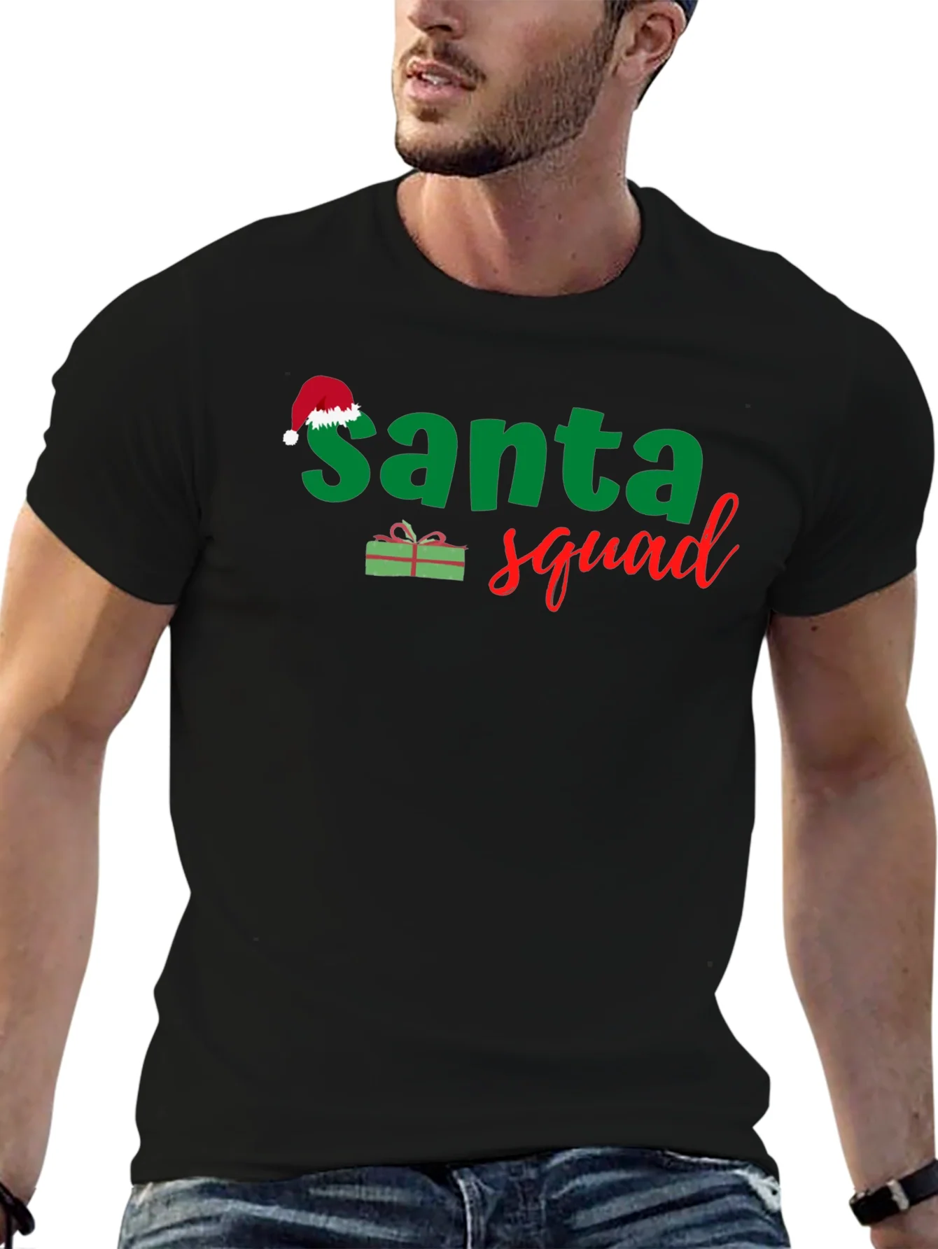 Camiseta Negra Santa Squad Navide?a para Hombre
