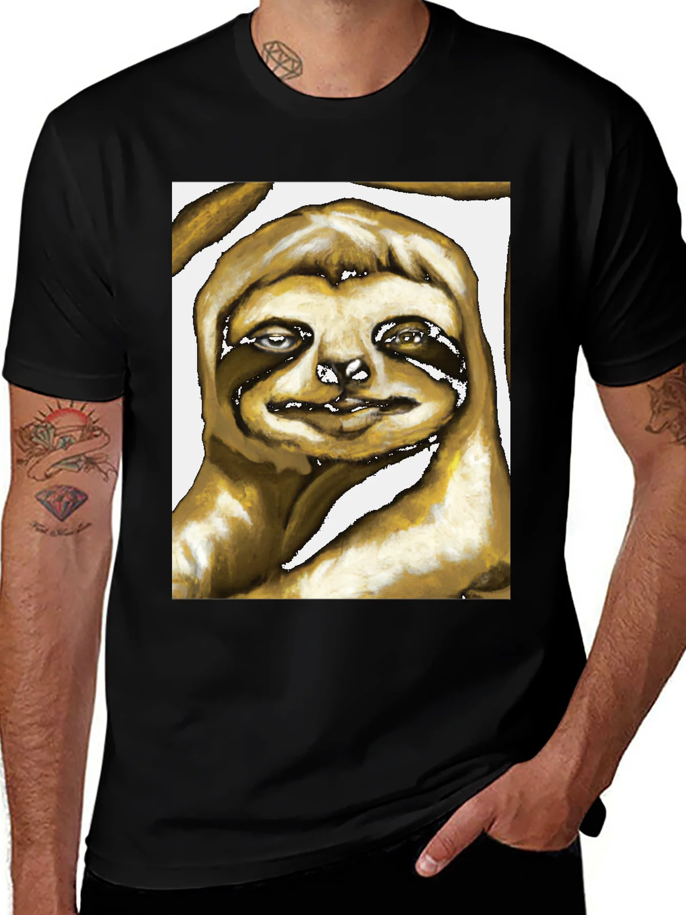 Camiseta Negra con Estampado de Perezoso Art¨ªstico