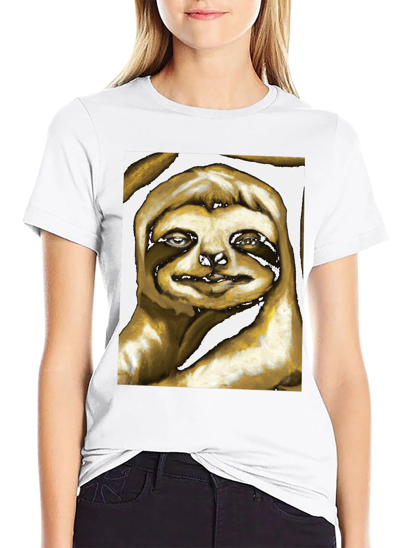 Camiseta Negra con Estampado de Perezoso Art¨ªstico