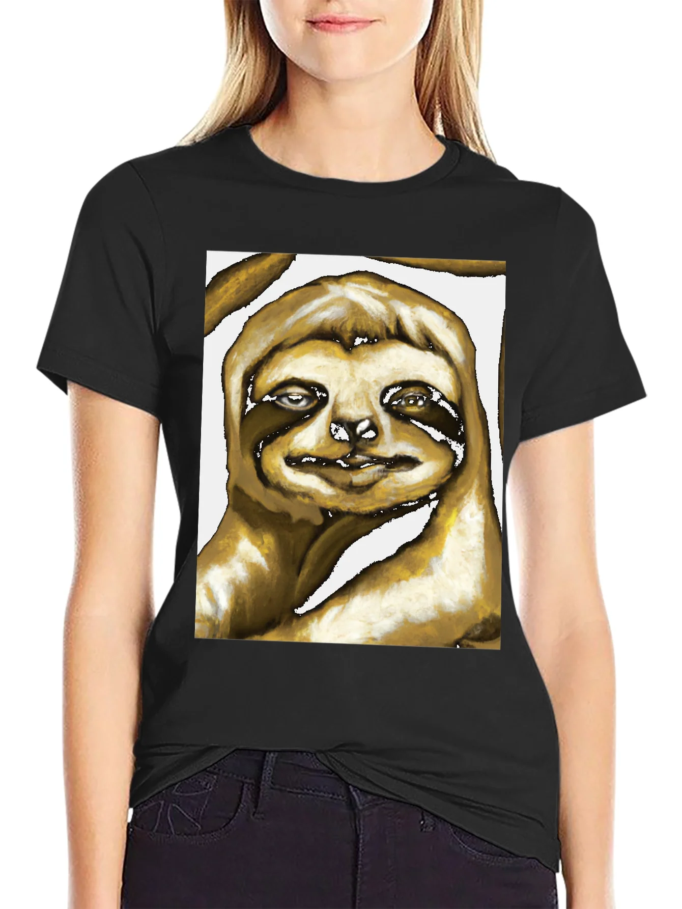 Camiseta Negra con Estampado de Perezoso Art¨ªstico