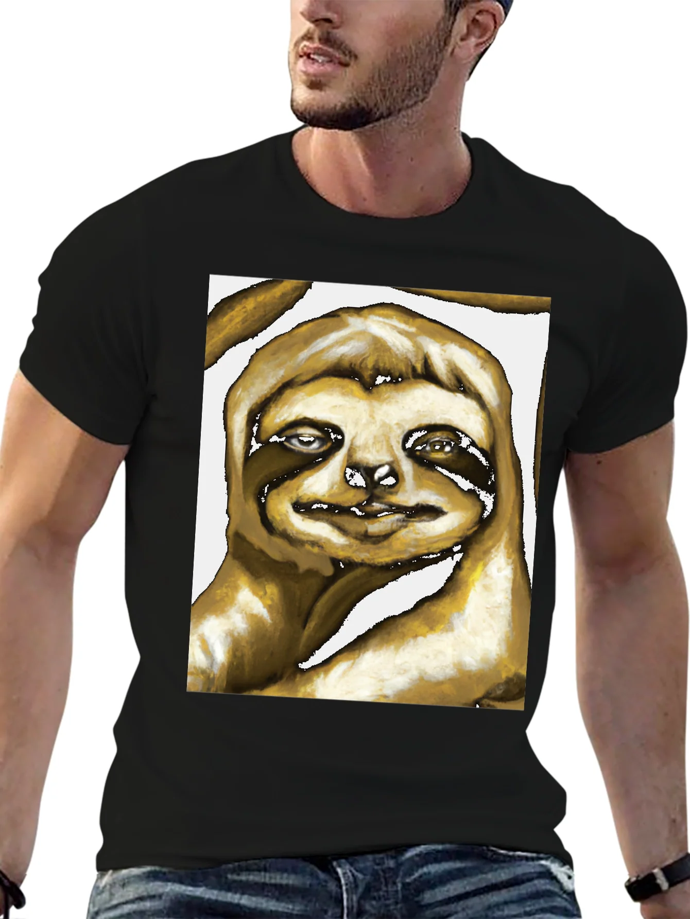 Camiseta Negra con Estampado de Perezoso Art¨ªstico